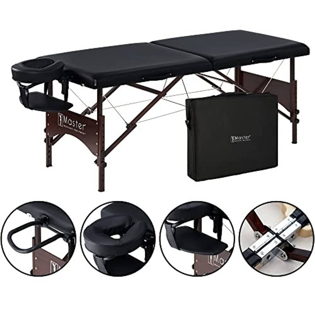 Black portable massage table with armrest, headrest, and carrying bag