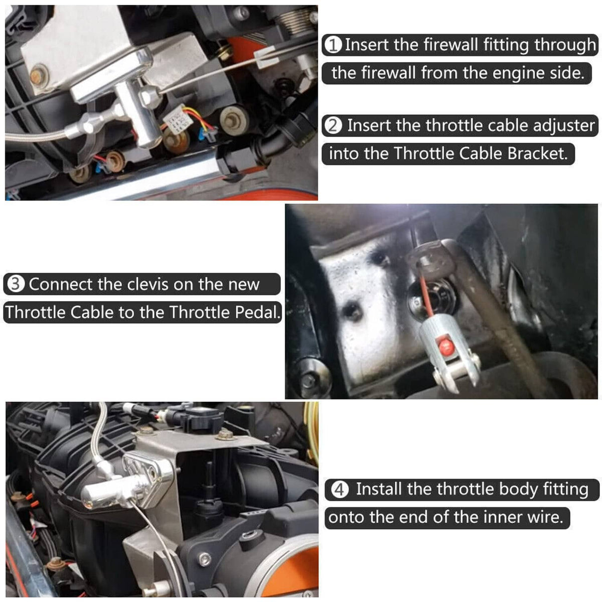 Throttle cable and throttle body fitting installation steps, clamped and connected to engine bay