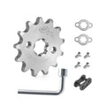 Motorcycle front engine sprocket kit with chain wheel, mounting hardware, and L-wrench