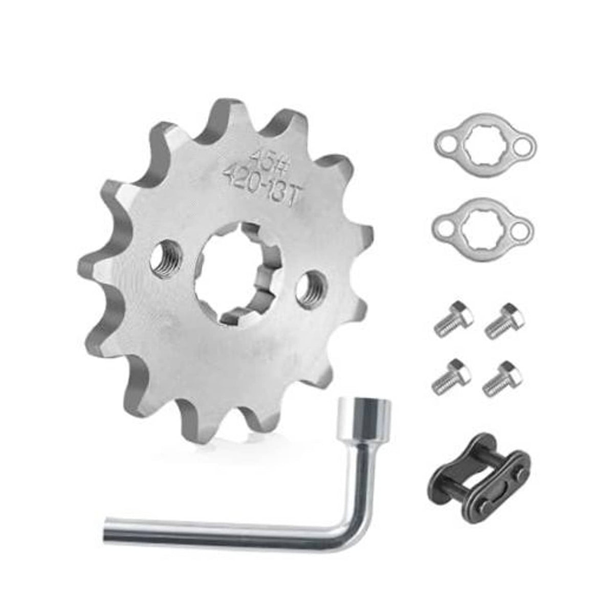Motorcycle front engine sprocket kit with chain wheel, mounting hardware, and L-wrench