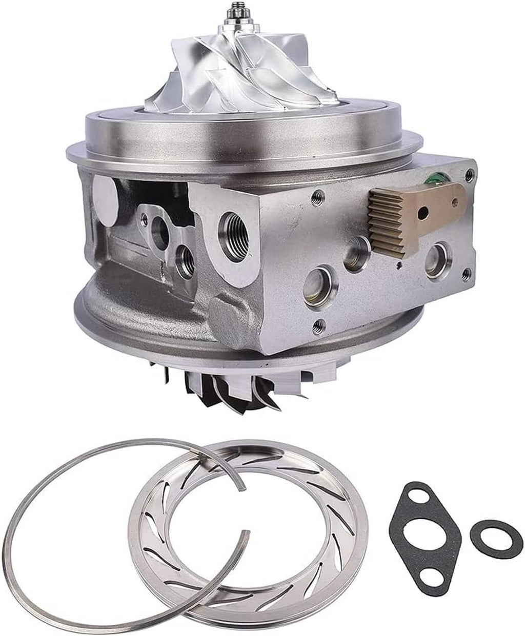 Turbo cartridge CHRA assembly with metal housing, compressor wheel, and gaskets/seals.