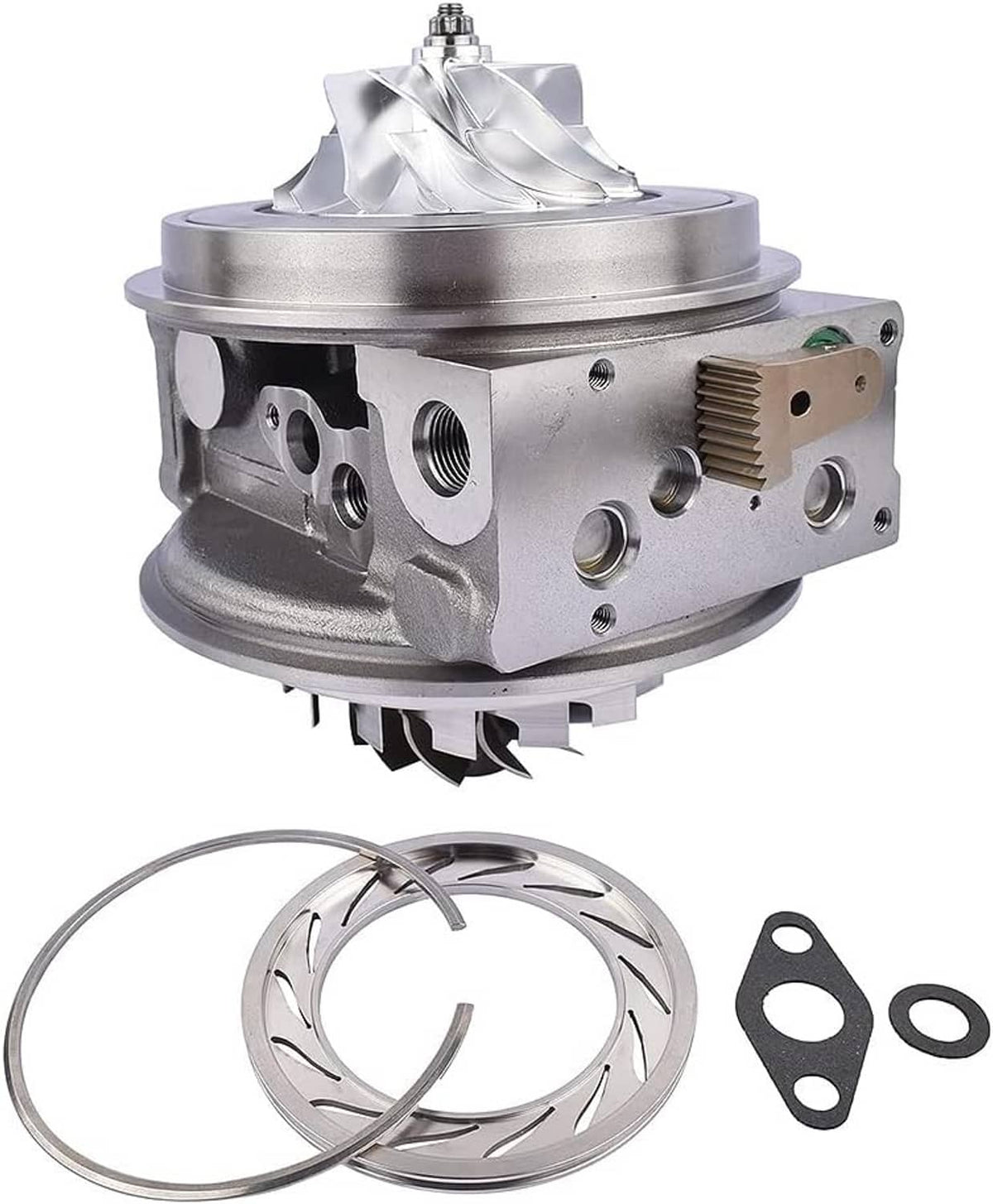 Turbo cartridge CHRA assembly with metal housing, compressor wheel, and gaskets/seals.