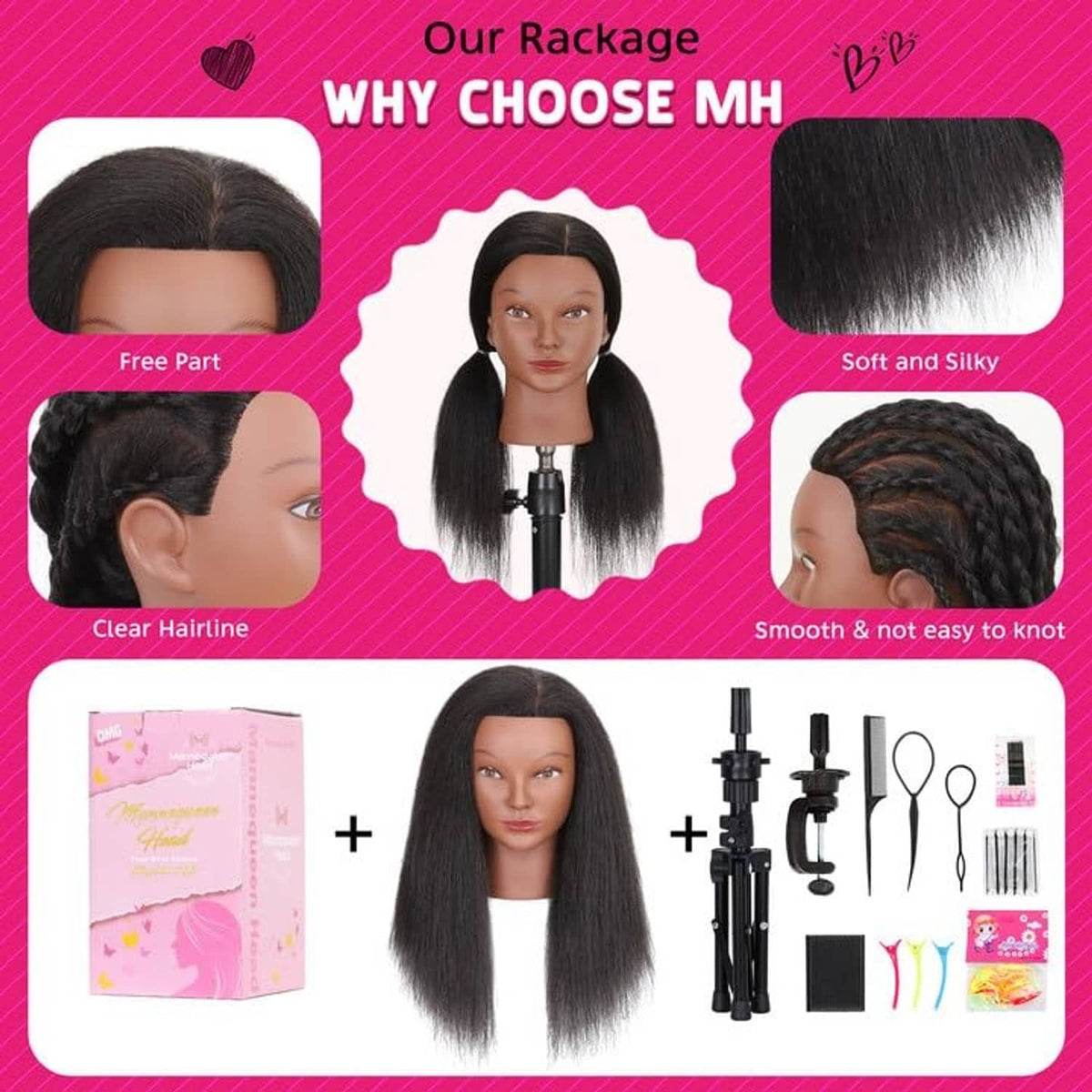 Black human-hair mannequin head set with accessories shown on a product layout