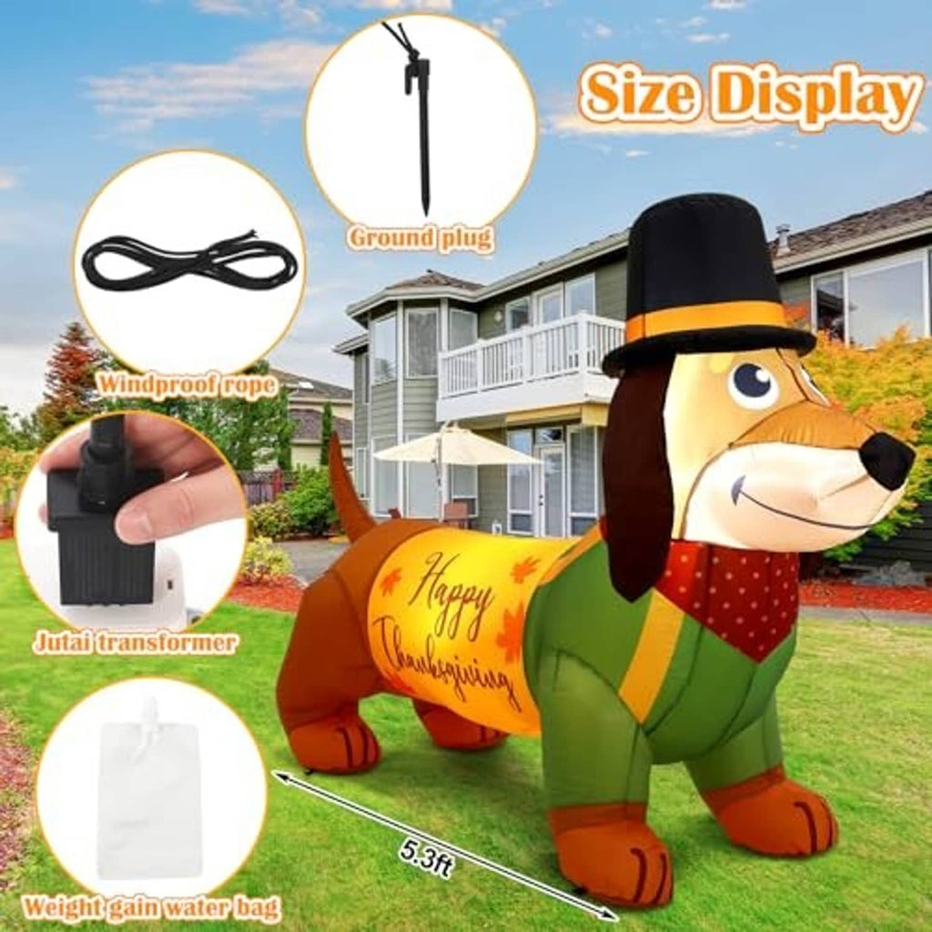 5.3 ft inflatable dachshund decoration with ground plug, windproof rope, and power setup