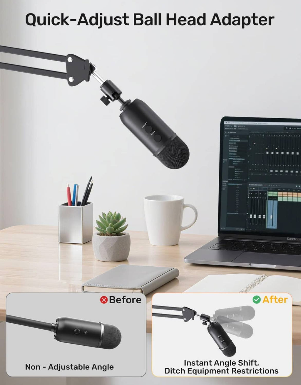 Black microphone ball-head adapter with quick-adjust design and included parts