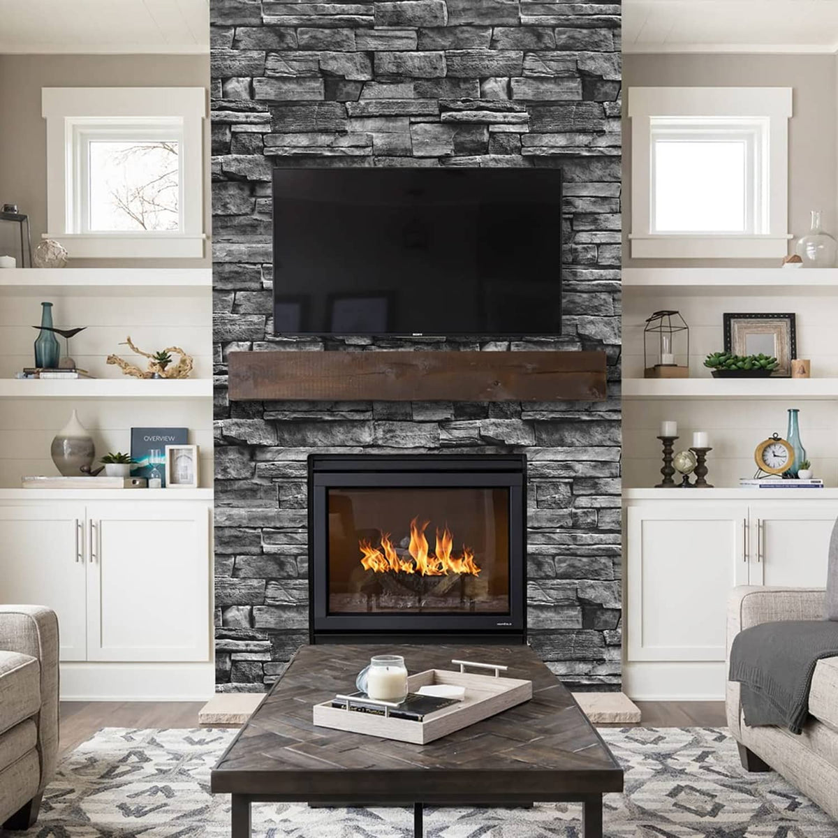 Dark gray brick-pattern wallpaper on a living room fireplace wall.