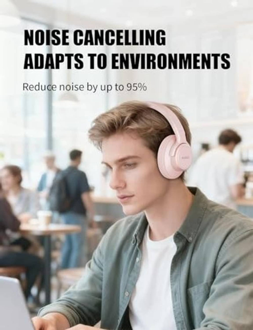Pink over-ear noise cancelling headphones worn by a person