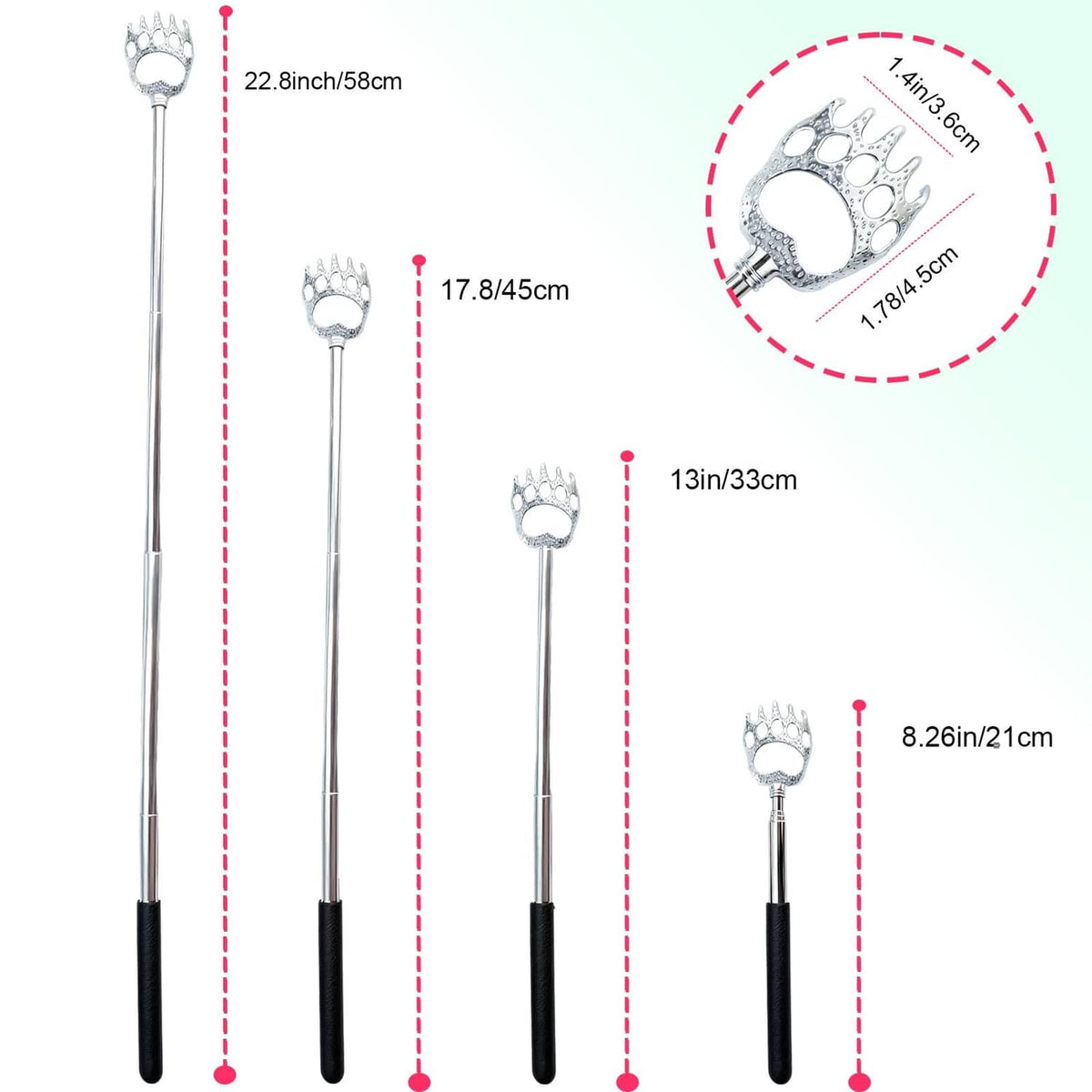 Set of extendable bear claw back scratchers with size markers and black handles