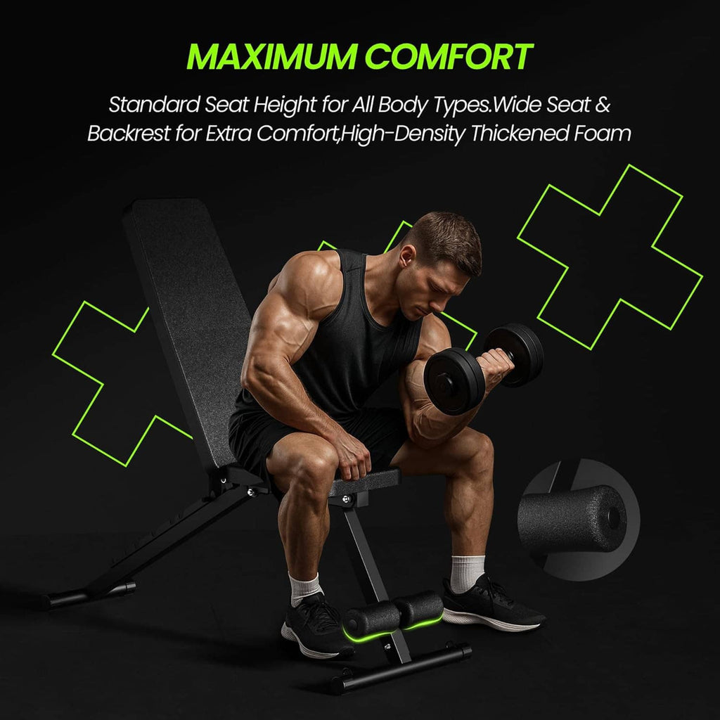 Adjustable weight bench with wide padded seat and thick foam backrest