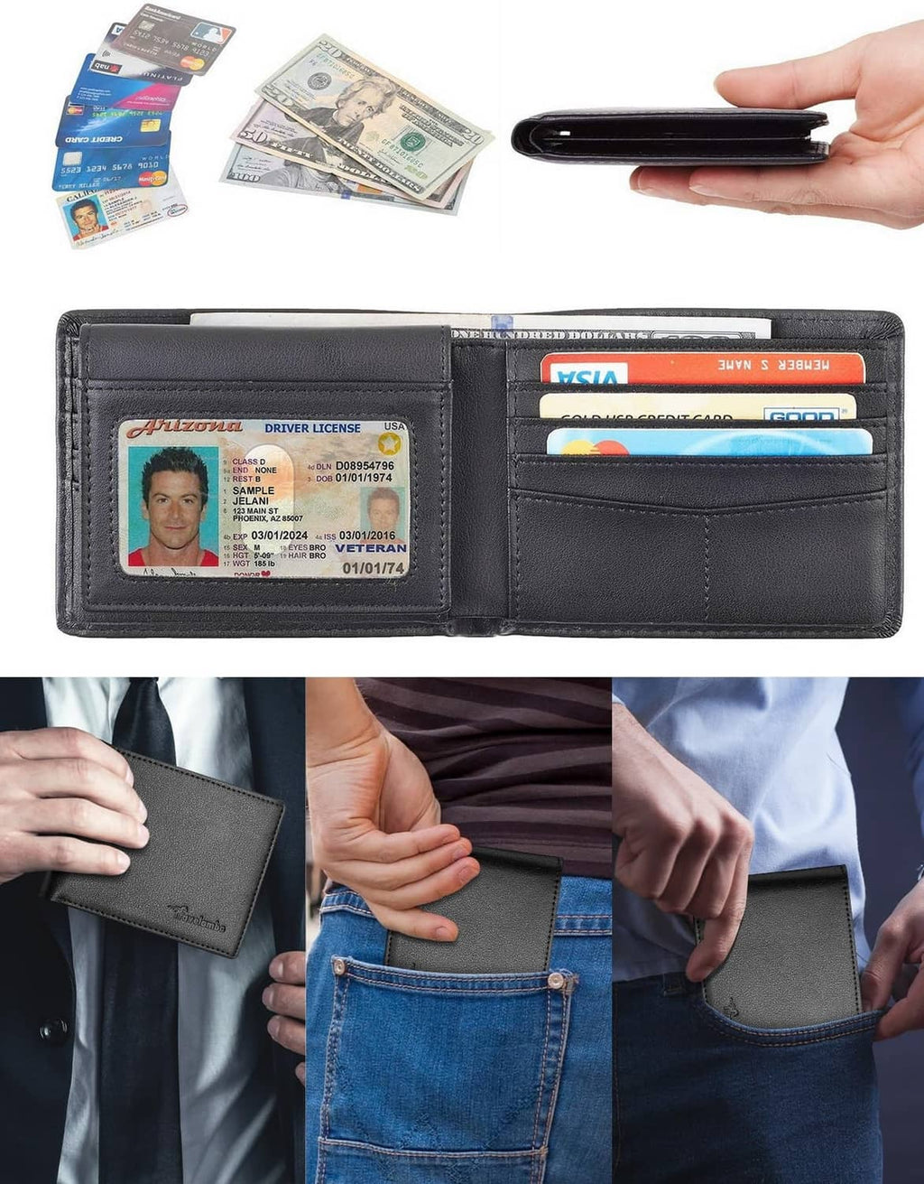 Men's black bifold leather wallet with ID window and several card slots