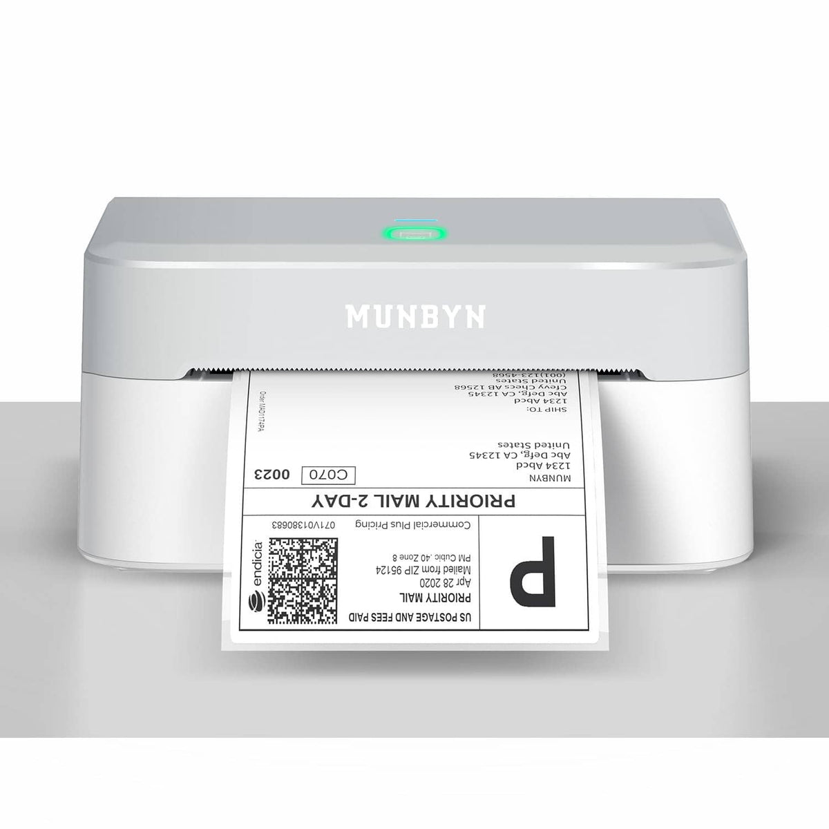 Grey MUNBYN thermal shipping label printer with 4x6 label inserted and status light on