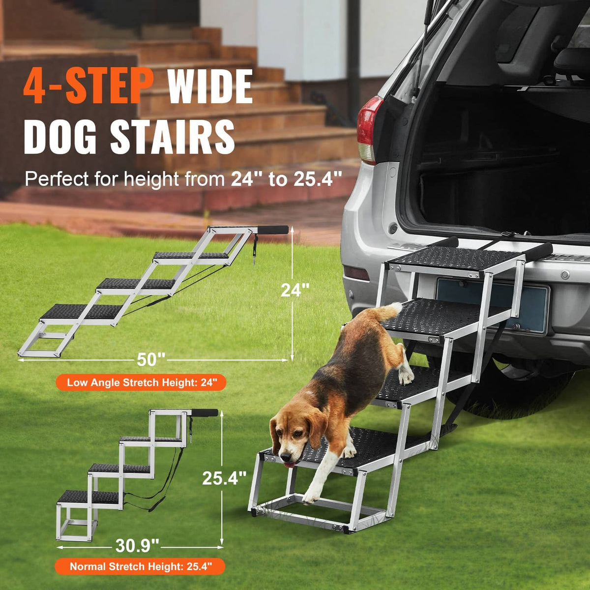 4-step wide dog stairs for car trunk, aluminum frame with black textured step surfaces