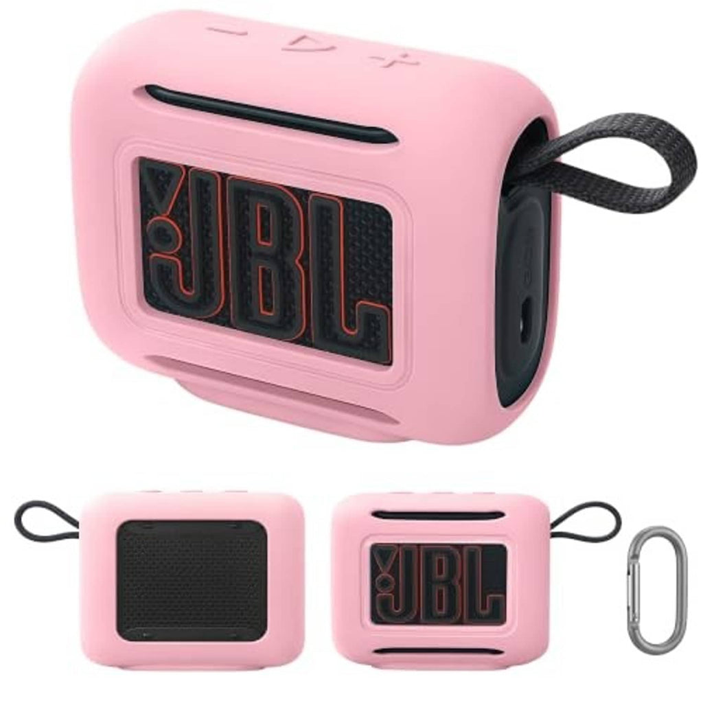 Pink silicone speaker cover with JBL logo cutout and carry strap