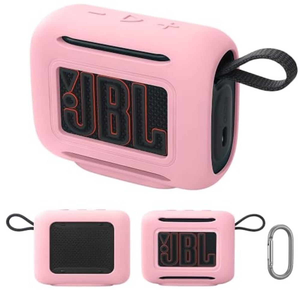 Pink silicone speaker cover with JBL logo cutout and carry strap