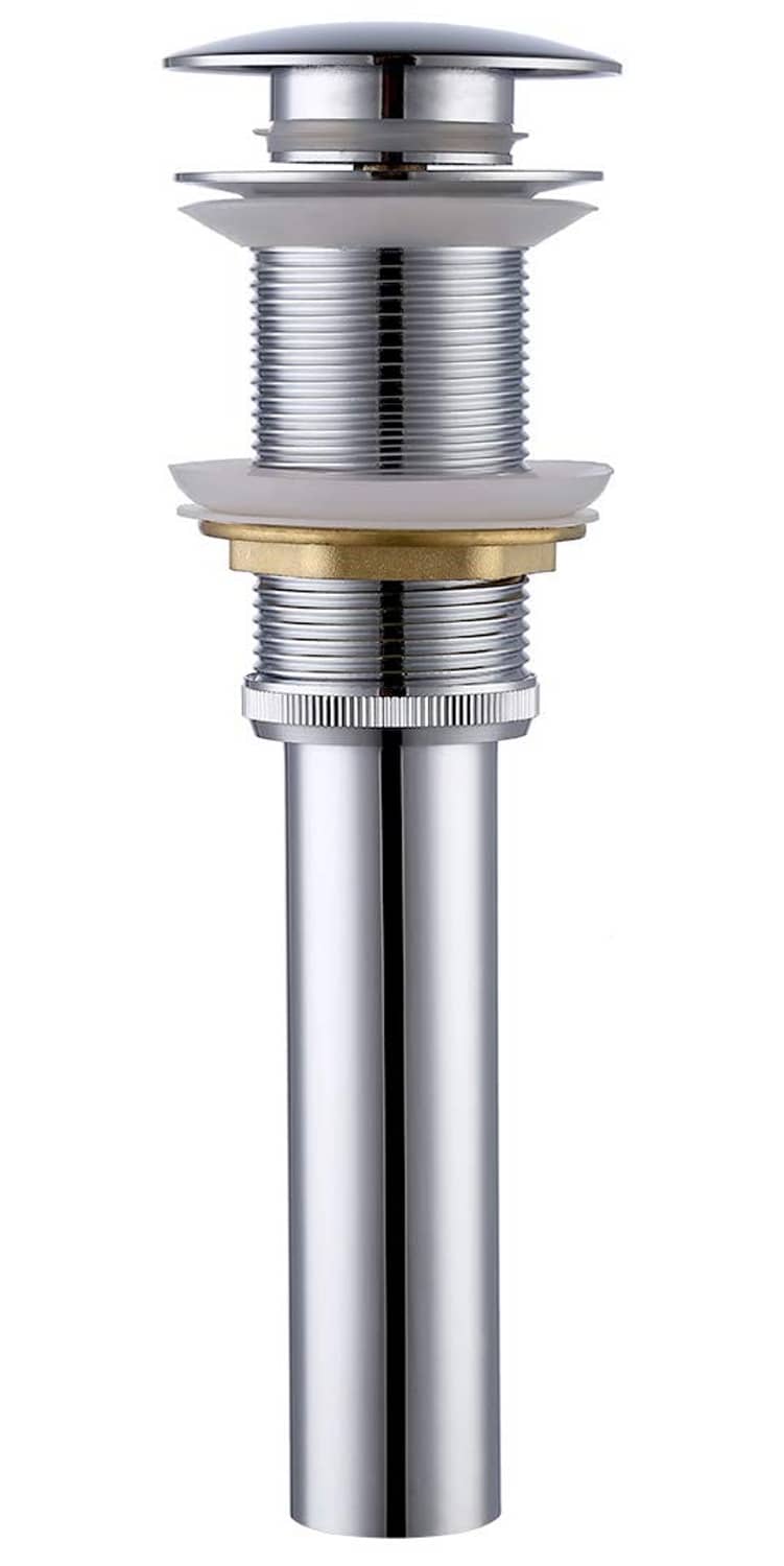 Polished chrome pop-up sink drain with threaded body and round stopper cap