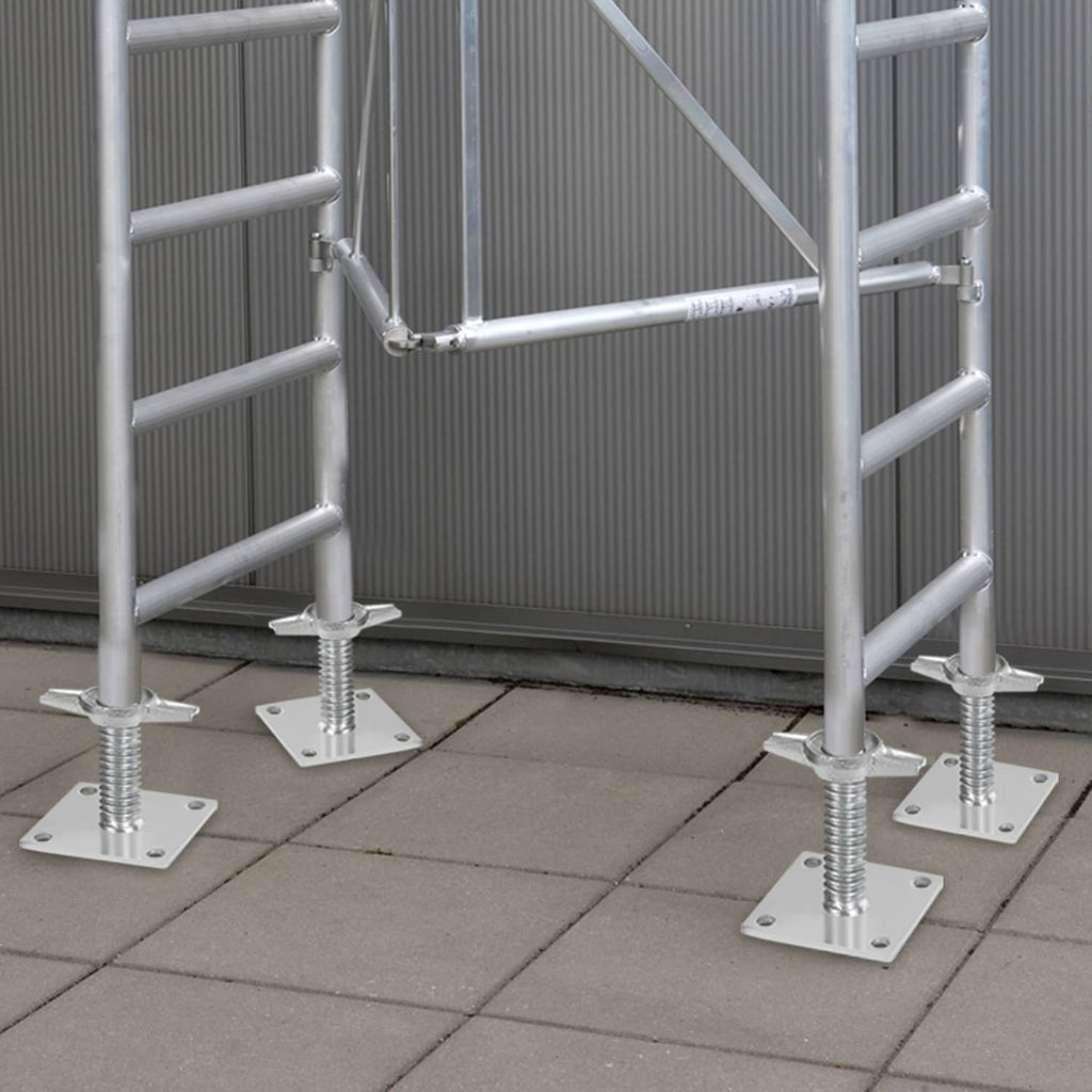 Four leveling jacks supporting scaffold legs on outdoor tile with square base plates