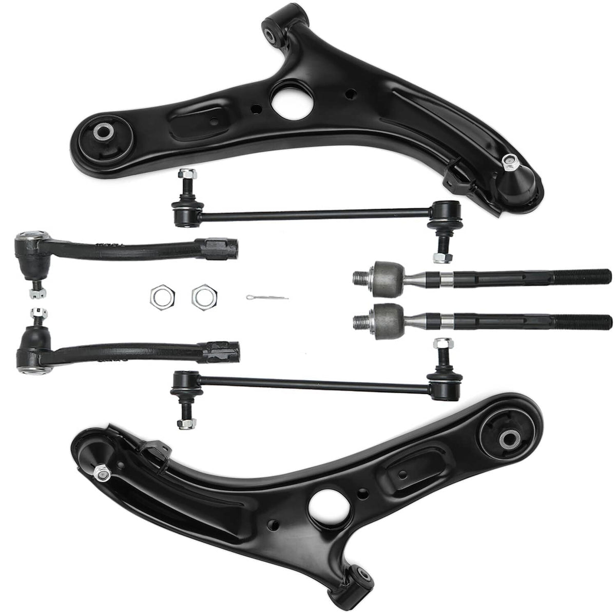 Front suspension control arm kit with two arms, tie rods, and ball joint ends