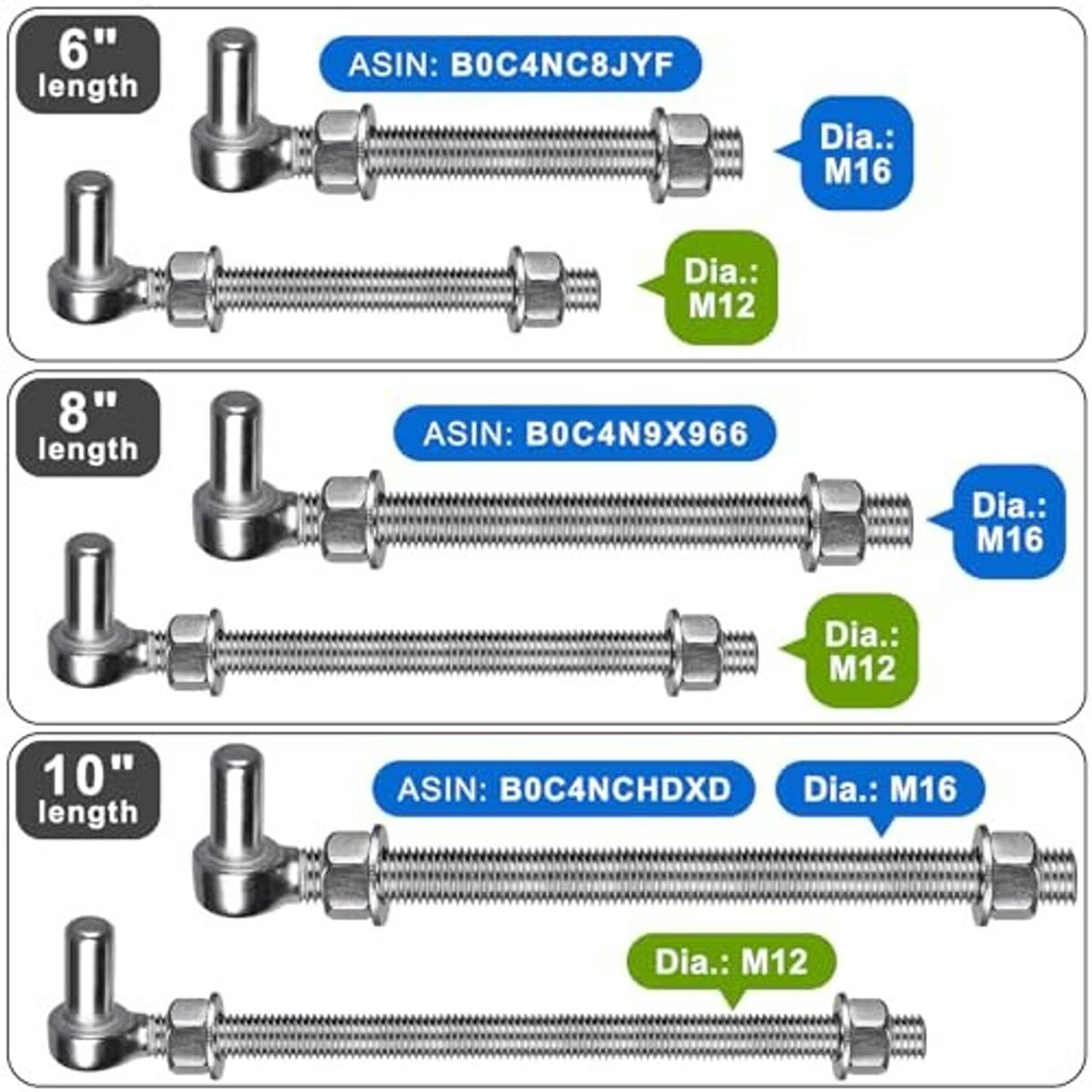 Stainless J-bolt gate hinge options with 6 in, 8 in, 10 in lengths and M12/M16 sizes