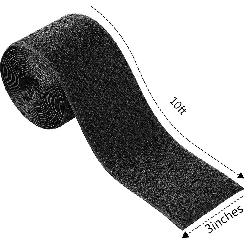 Black cable cover strip, 10 ft long and 3 in wide, shown in roll form
