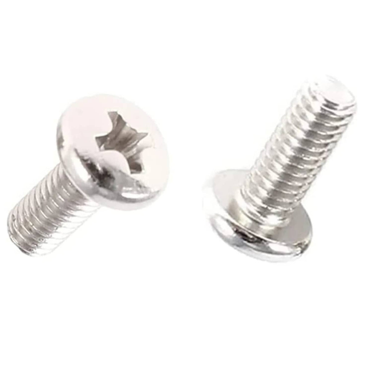 Stainless steel Phillips truss head screws, two M4x12mm close-up