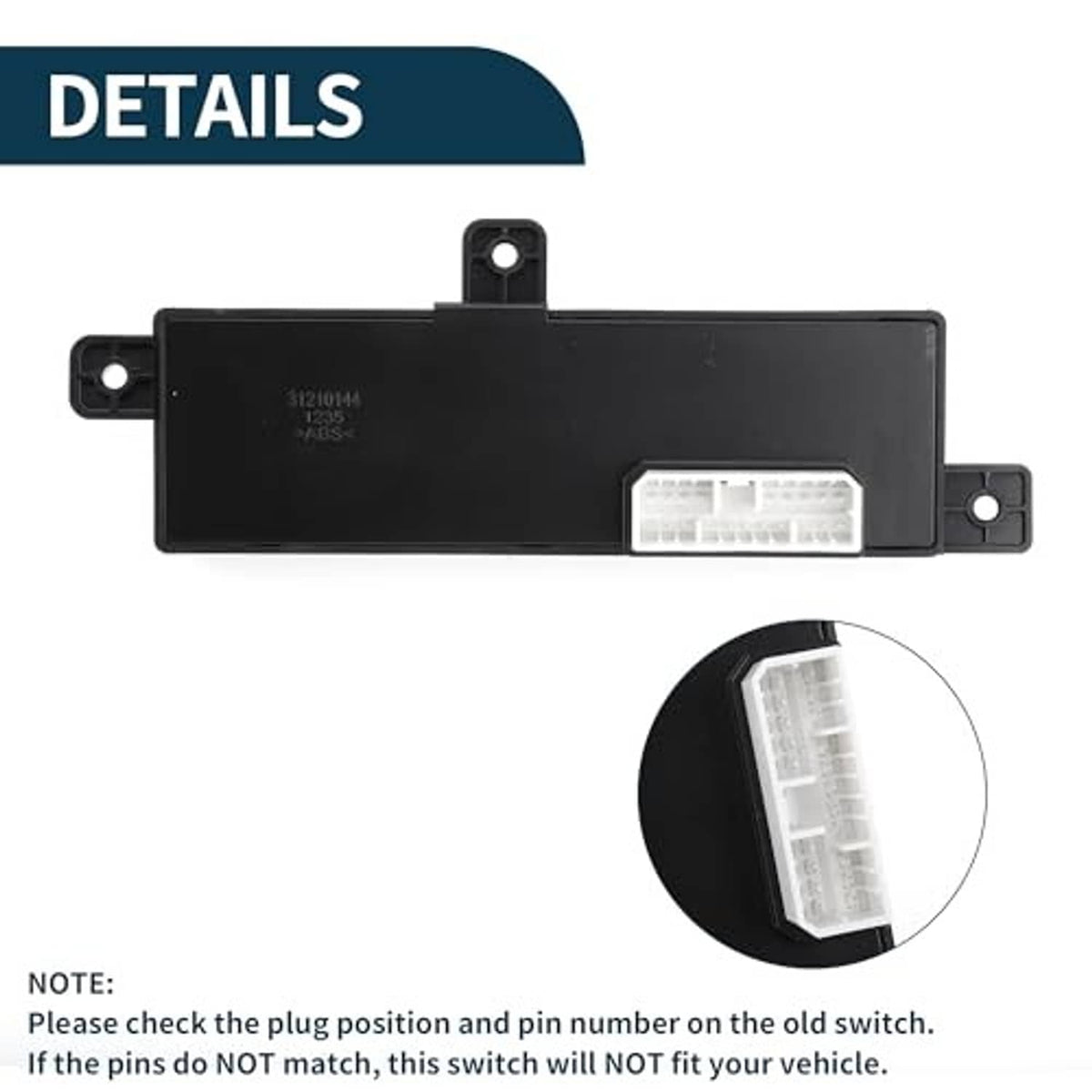 Power seat switch module, black rear housing with mounting holes and wiring label