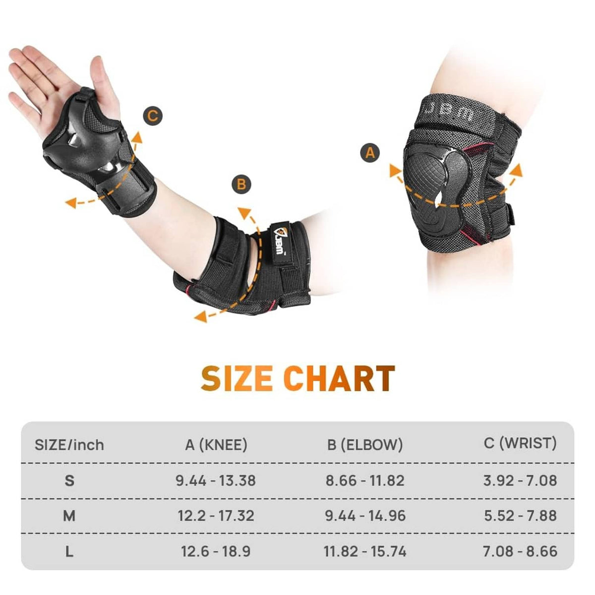 Bike wrist guard on hand and elbow/knee pads shown with size chart diagram.