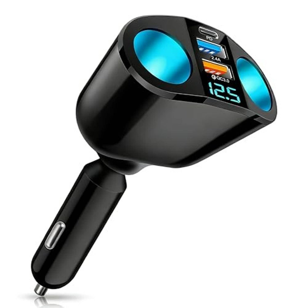 Black car USB car charger adapter with built-in voltmeter showing 12.5