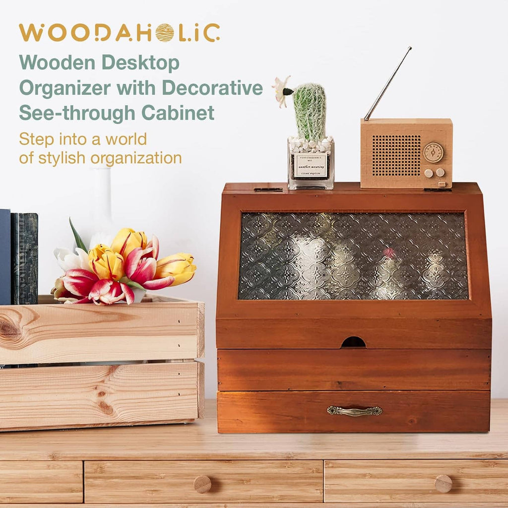 Brown wooden desktop organizer with etched floral glass cabinet and drawer