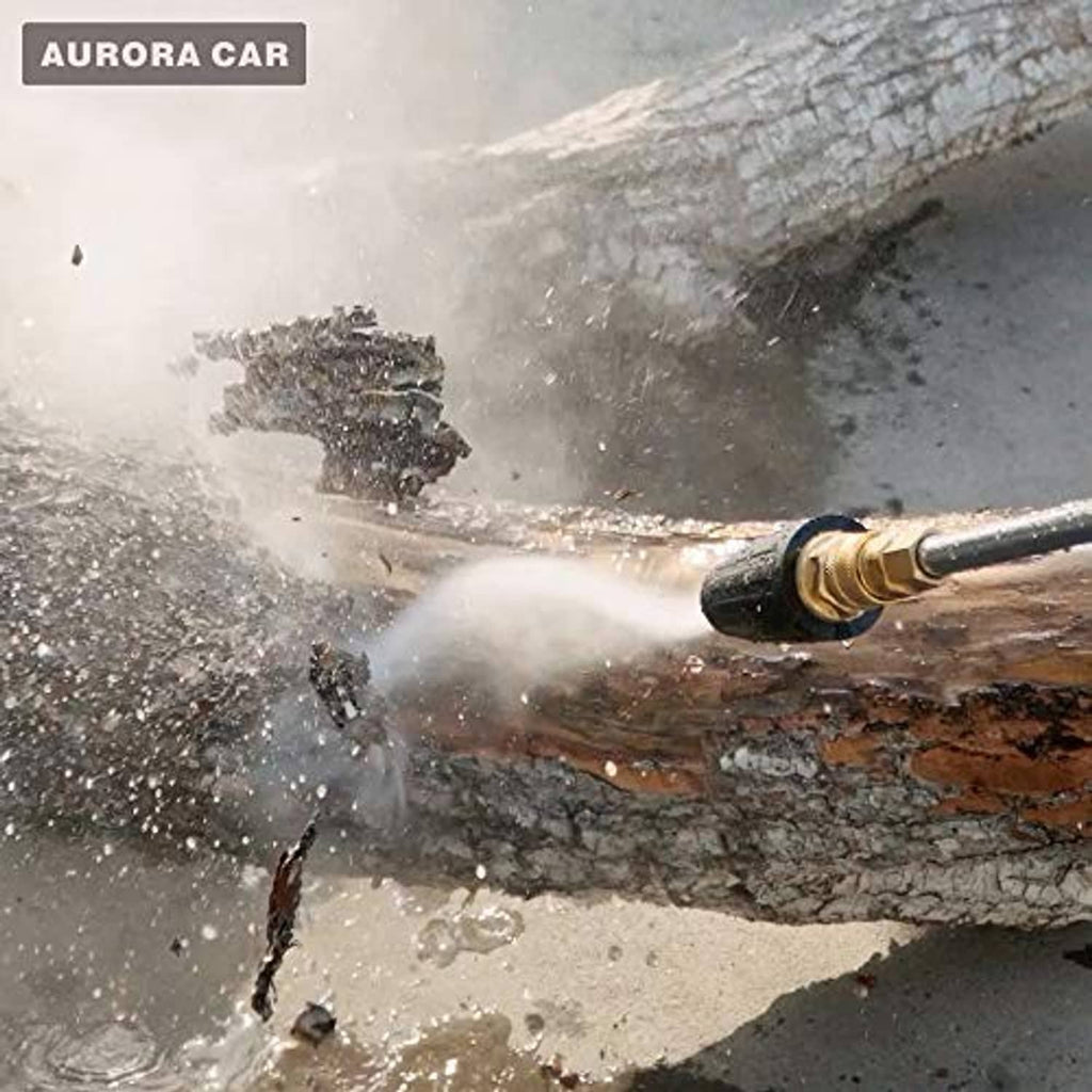 Turbo pressure washer nozzle spraying a high-pressure water jet from the tip