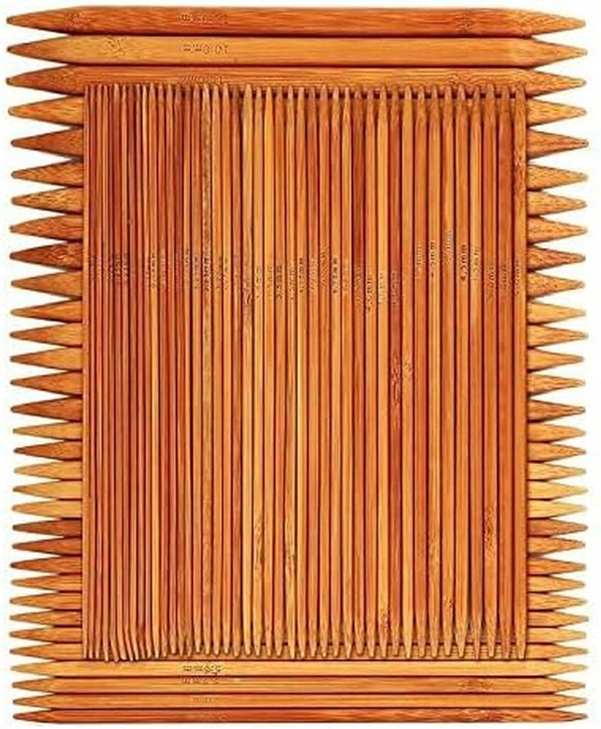 Double-pointed bamboo knitting needles set arranged in square with tips outward