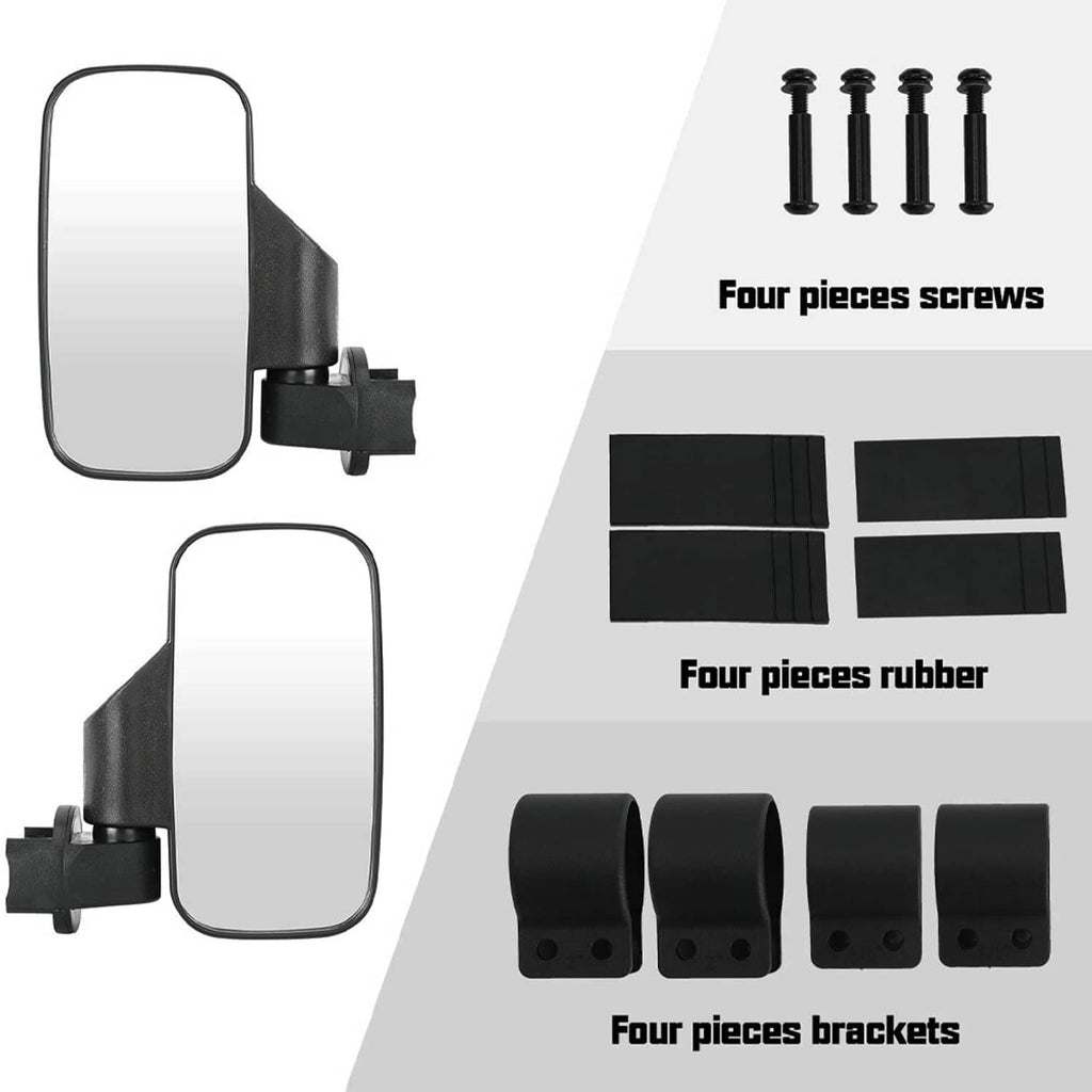 UTV side mirrors with mounting bracket, screws, and rubber strip covers