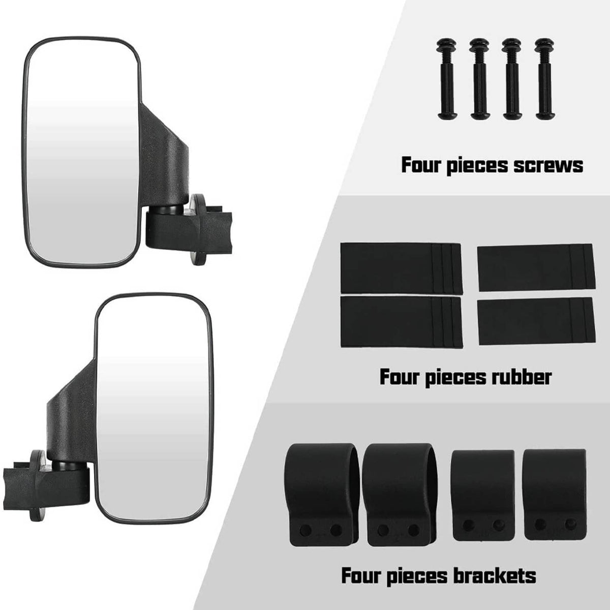 UTV side mirrors with mounting bracket, screws, and rubber strip covers