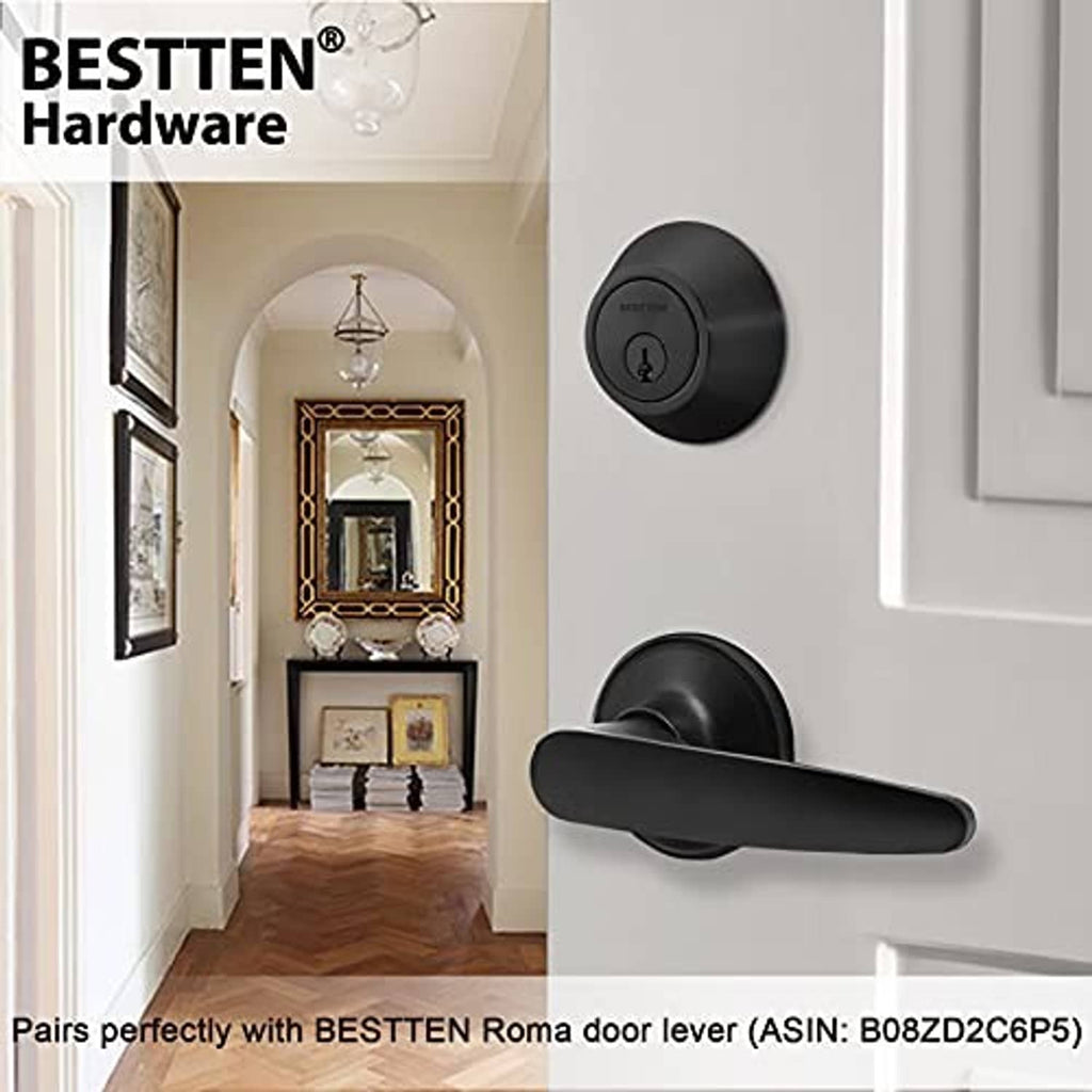 Matte black deadbolt lock on an entry door with round exterior key cylinder