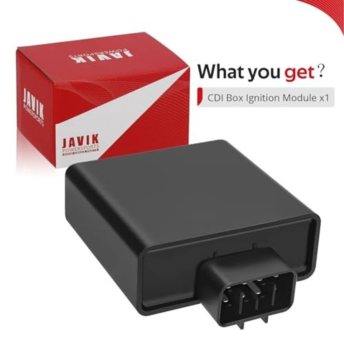 Black CDI ignition module beside red JAWIK PowerSports retail box