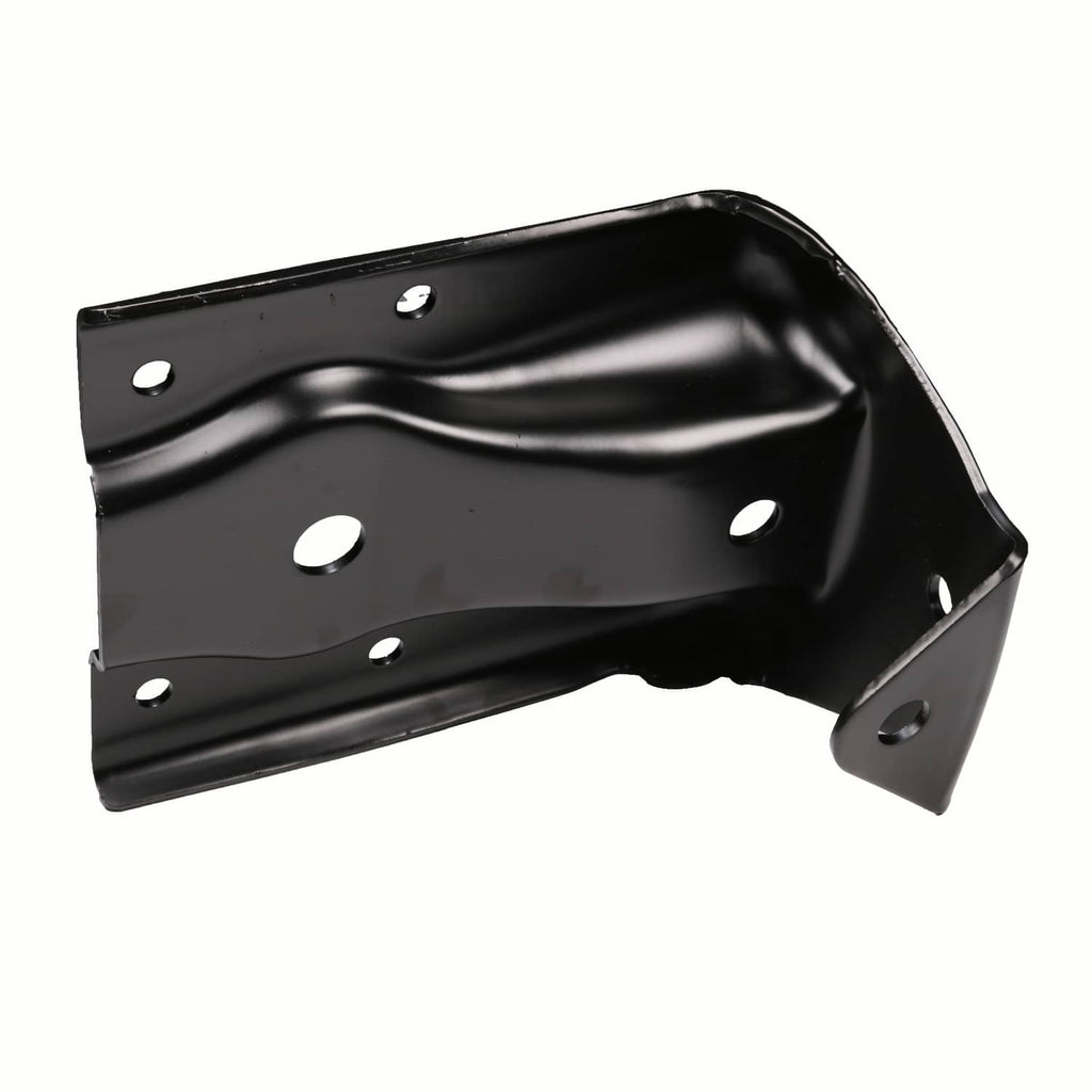 Black steel rear leaf spring hanger shackle bracket, side view with mounting tabs