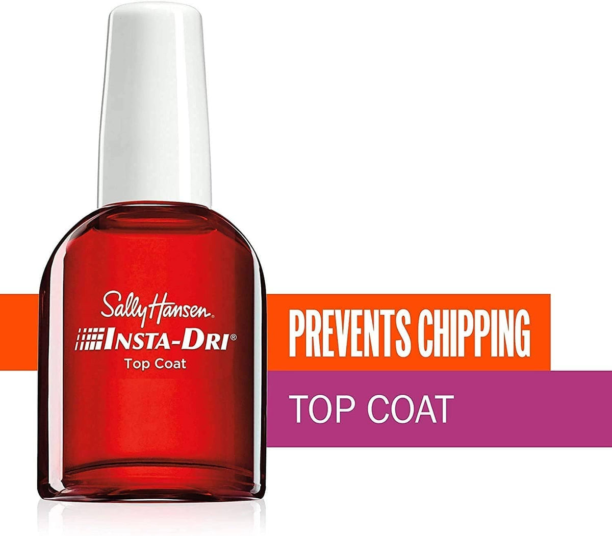 Sally Hansen Insta-Dri top coat bottle with label and orange prevent chipping banner