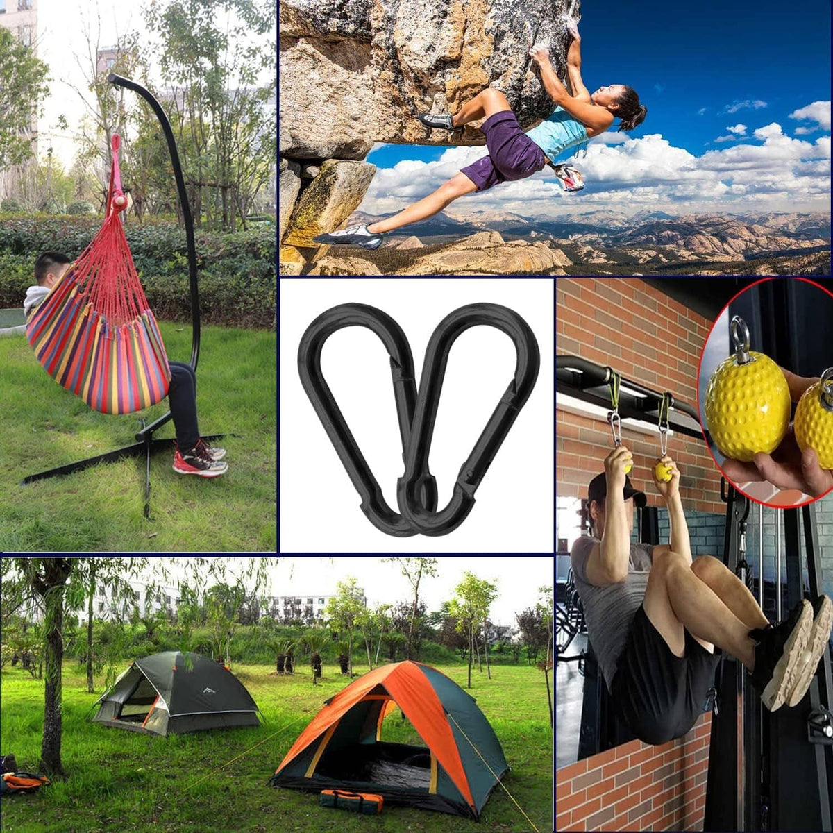 Black carabiner clips used for hanging camping gear and ropes, spring gates