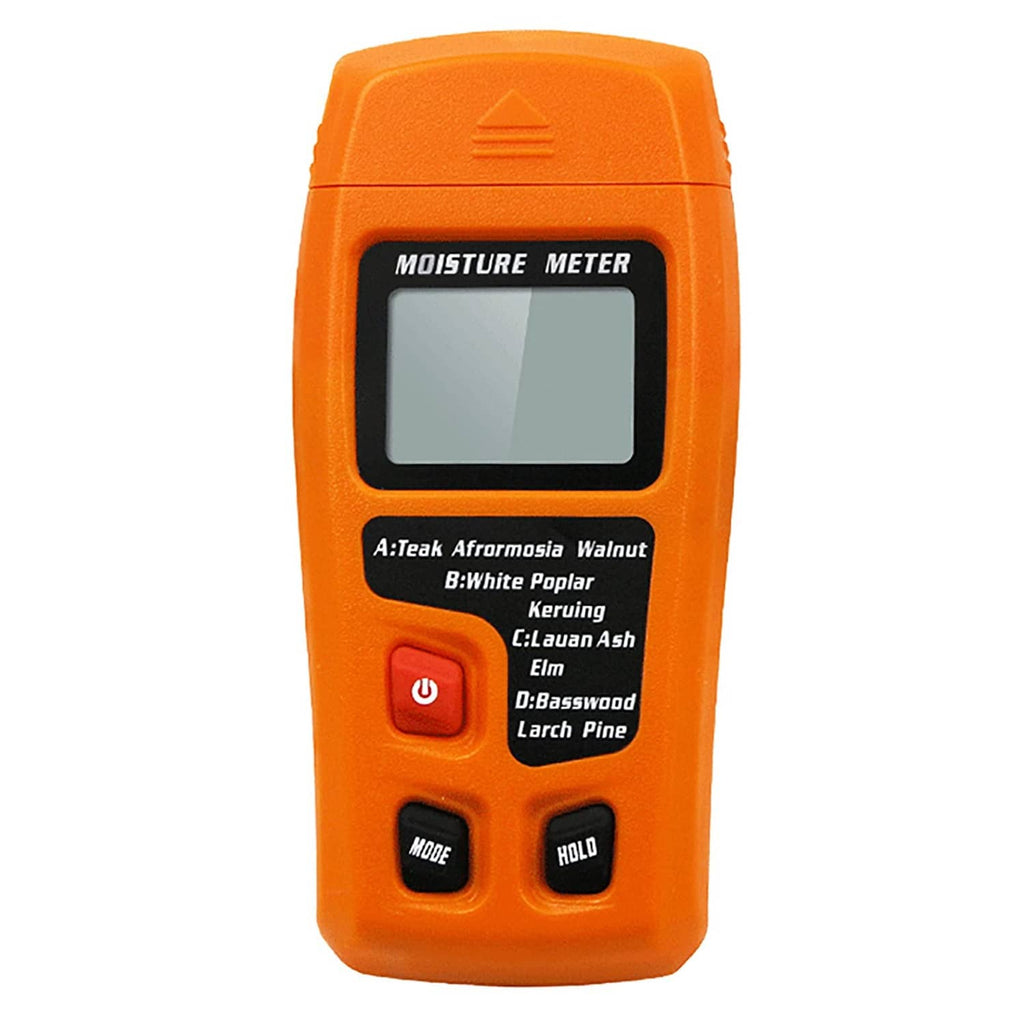 Orange digital moisture meter with blank LCD display and function buttons