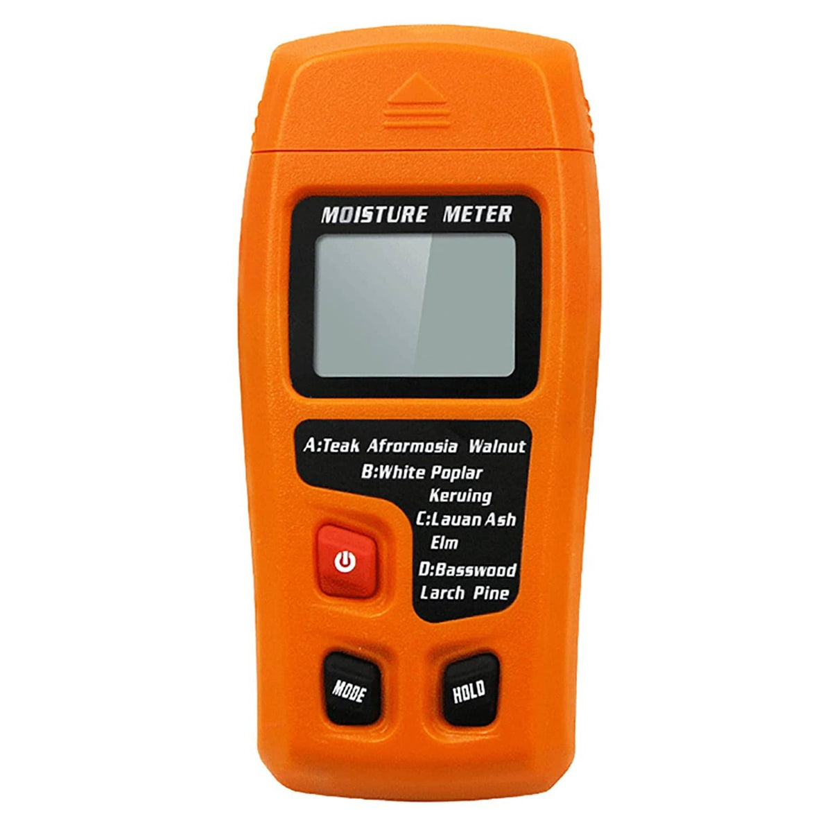 Orange digital moisture meter with blank LCD display and function buttons