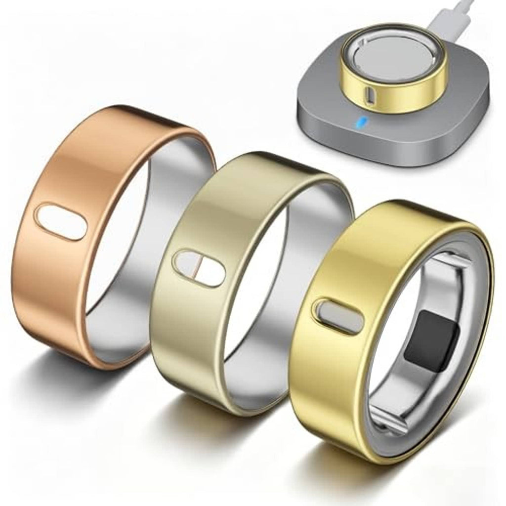 3 TPU ring covers with open inner band and cutout window, in rose, greenish-gold, and gold