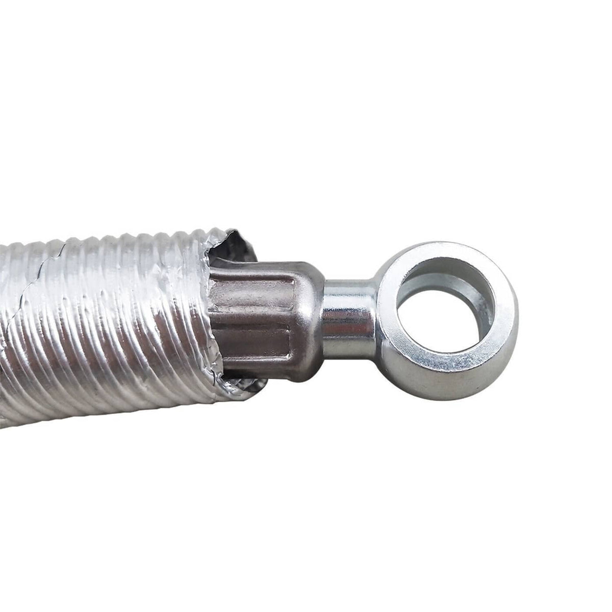 Close-up of coolant hose end with ring eyelet and threaded connection