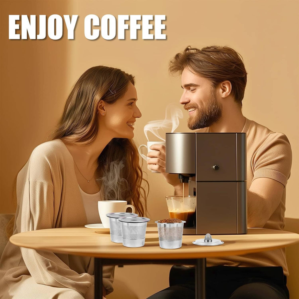 Stainless steel refillable coffee cups on table with coffee maker