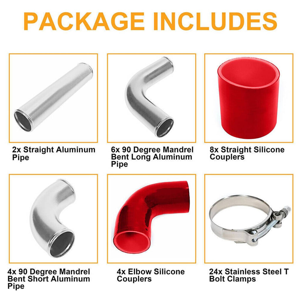 Intercooler piping kit package contents: aluminum pipes, silicone couplers, clamps