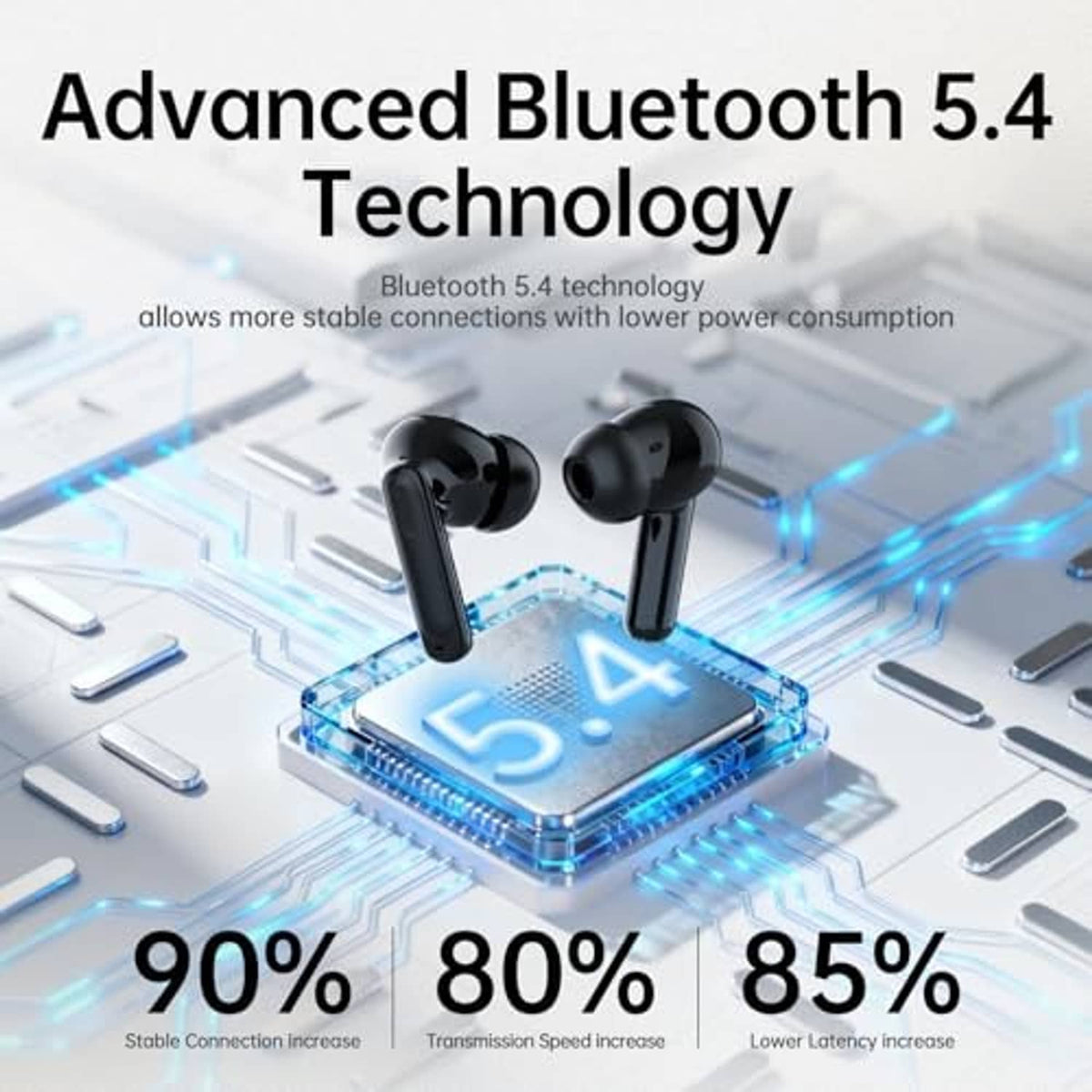 Black wireless earbuds with glowing blue connection lines