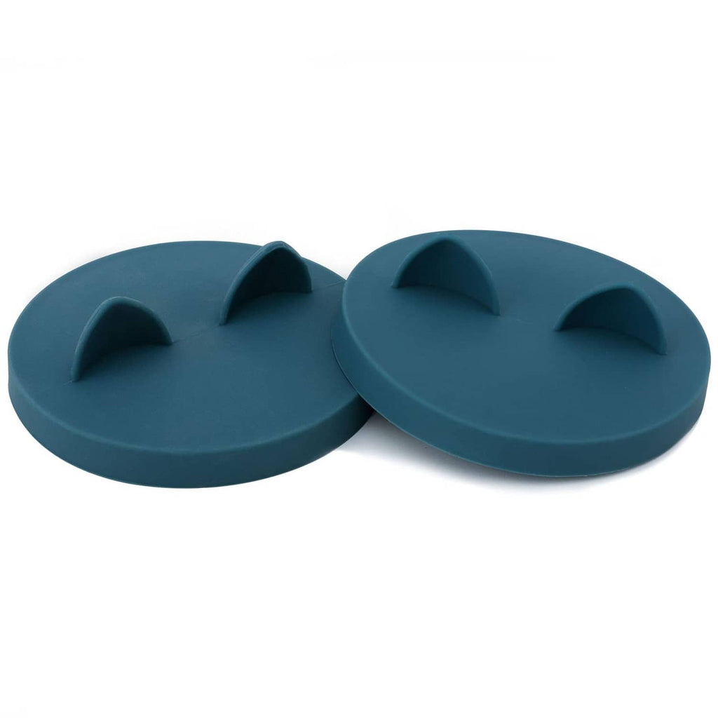 Pair of teal silicone cat can lids with three raised paw nubs