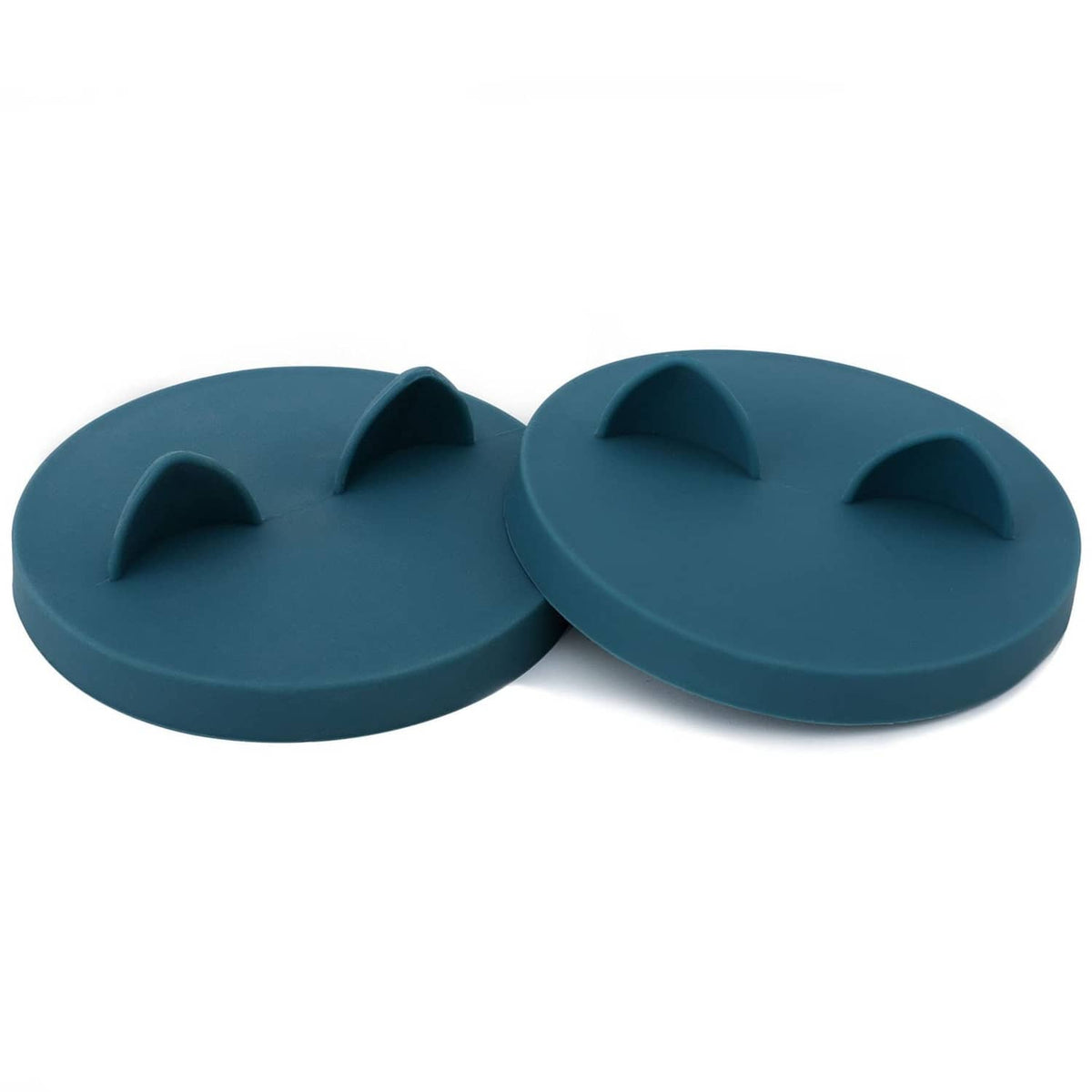 Pair of teal silicone cat can lids with three raised paw nubs