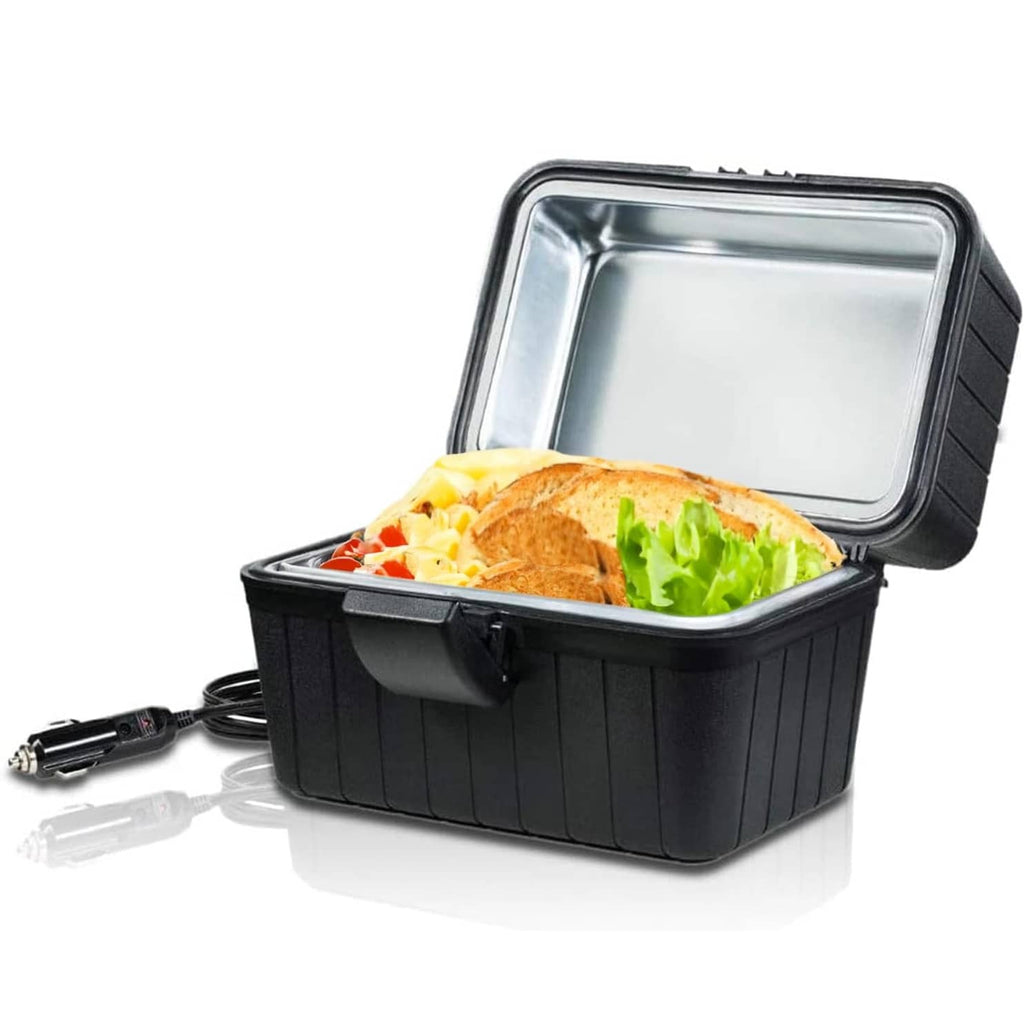 Black portable heating lunch box with open lid and heated sandwich and salad