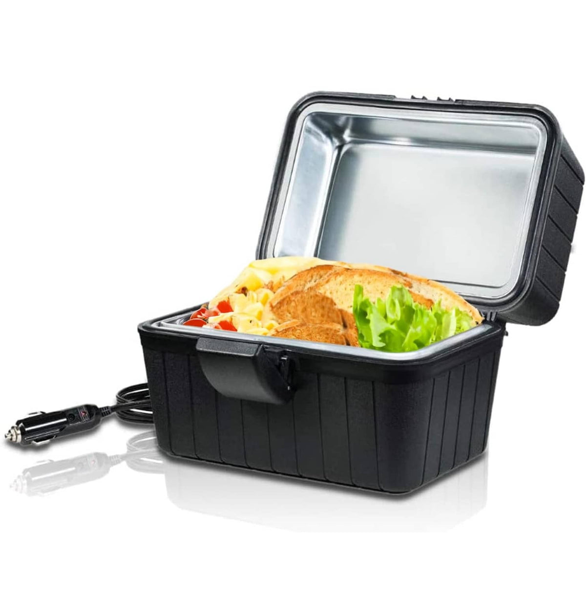 Black portable heating lunch box with open lid and heated sandwich and salad