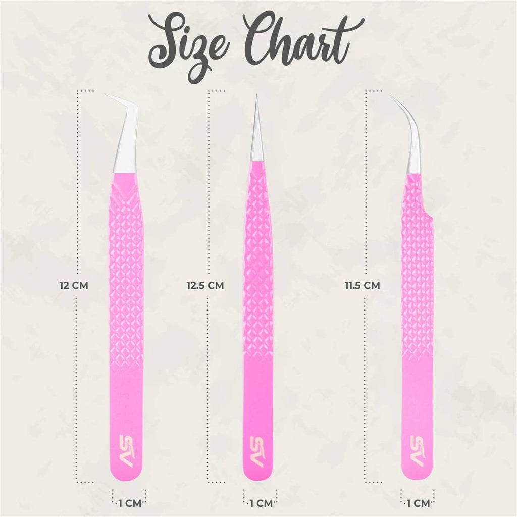 Pink eyelash tweezer size chart with three different lengths shown