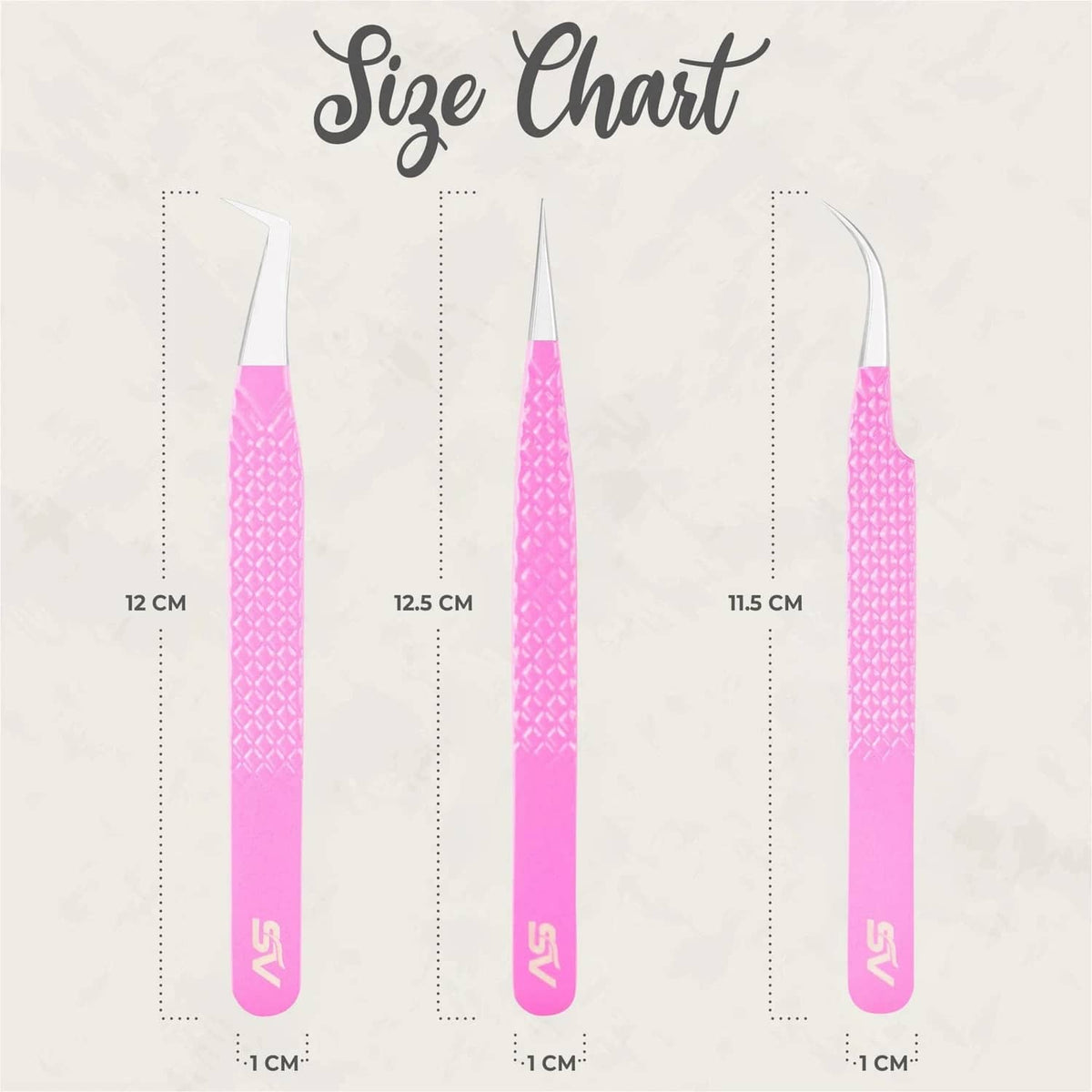 Pink eyelash tweezer size chart with three different lengths shown